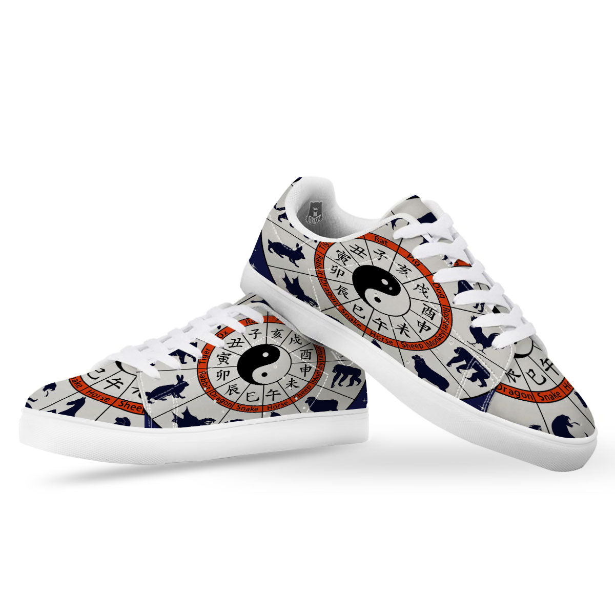 Chinese Zodiac Signs Yin Yang Print White Low Top Sneakers-grizzshop