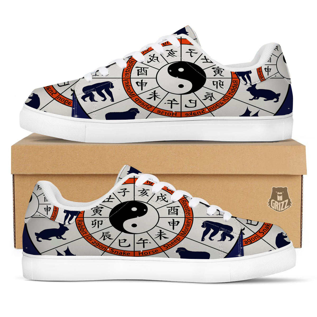 Chinese Zodiac Signs Yin Yang Print White Low Top Sneakers-grizzshop