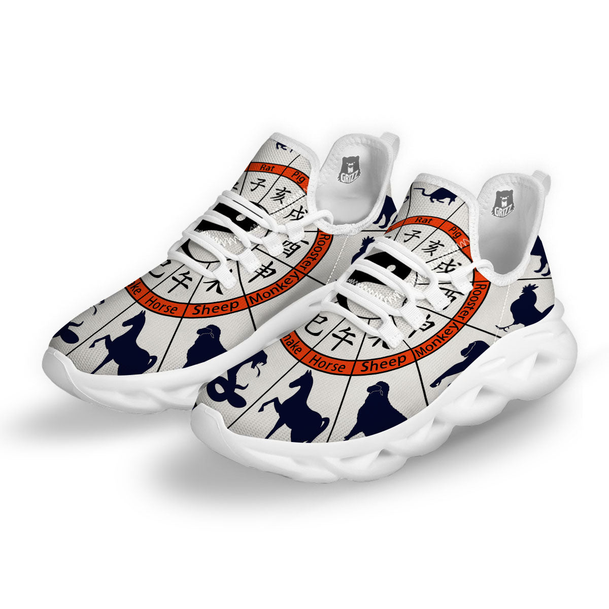 Chinese Zodiac Signs Yin Yang Print White Running Shoes-grizzshop