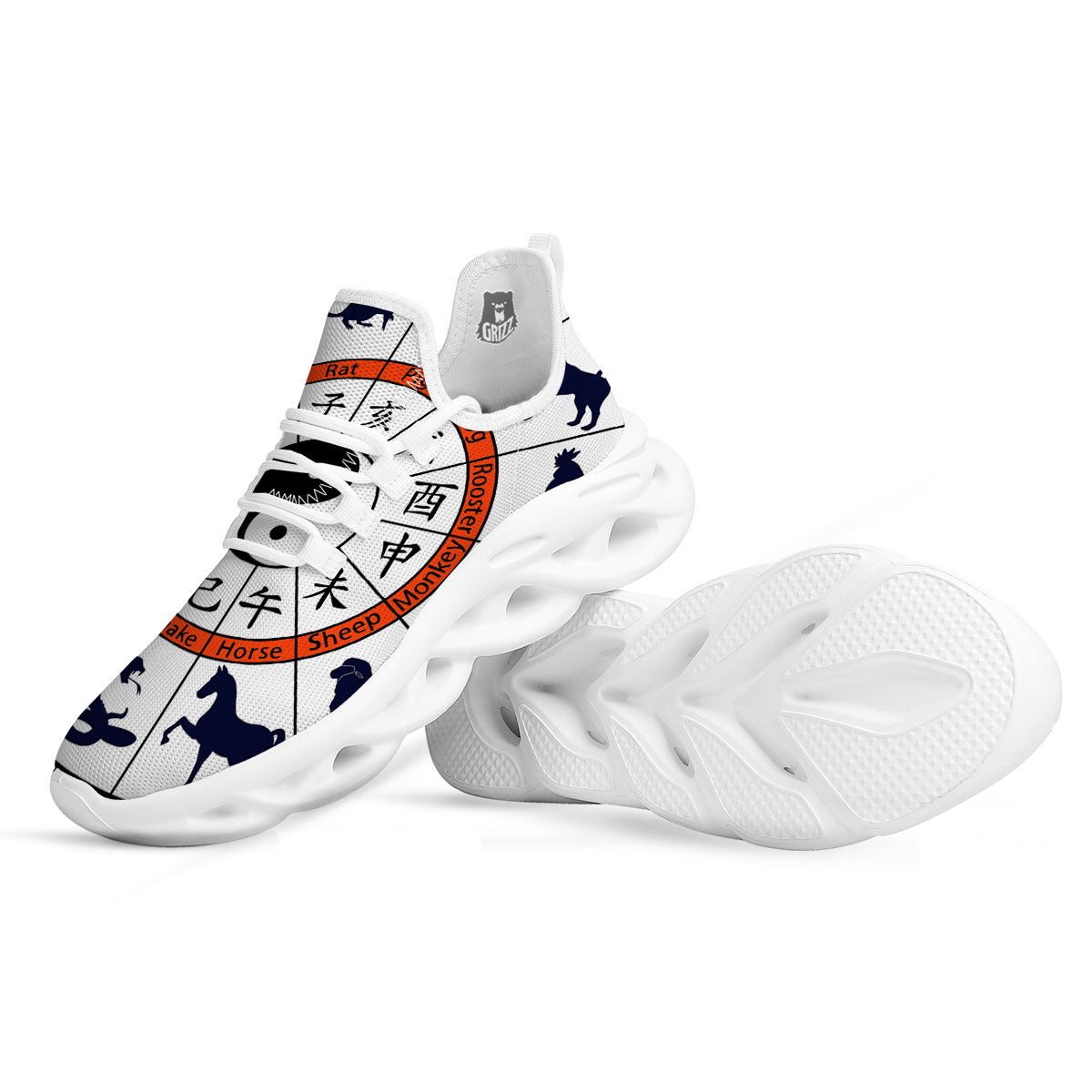 Chinese Zodiac Signs Yin Yang Print White Running Shoes-grizzshop