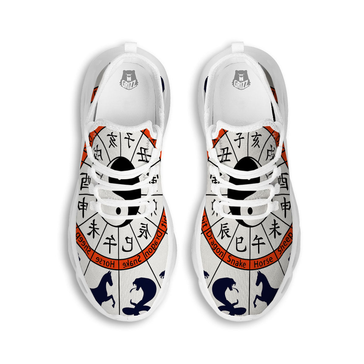 Chinese Zodiac Signs Yin Yang Print White Running Shoes-grizzshop