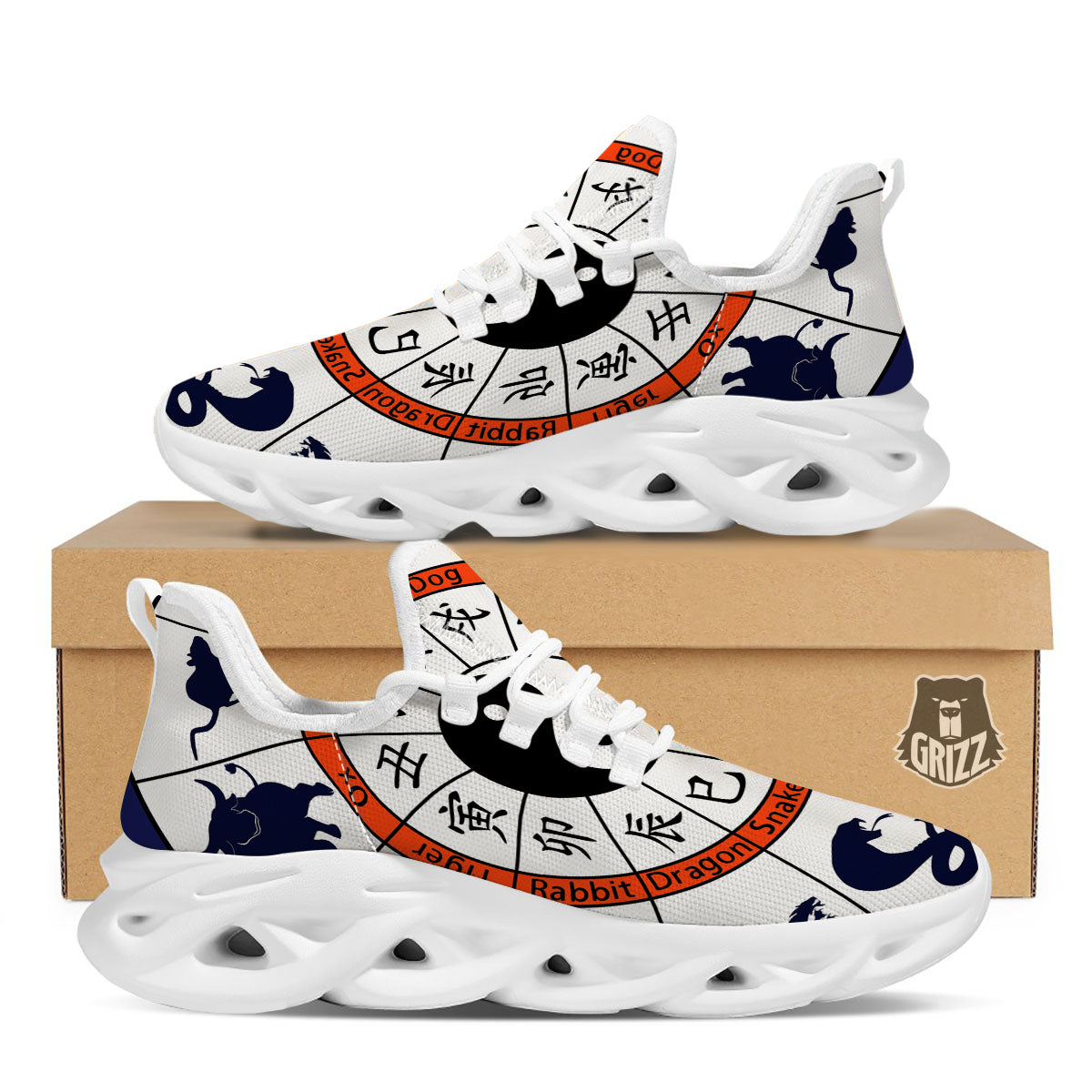 Chinese Zodiac Signs Yin Yang Print White Running Shoes-grizzshop