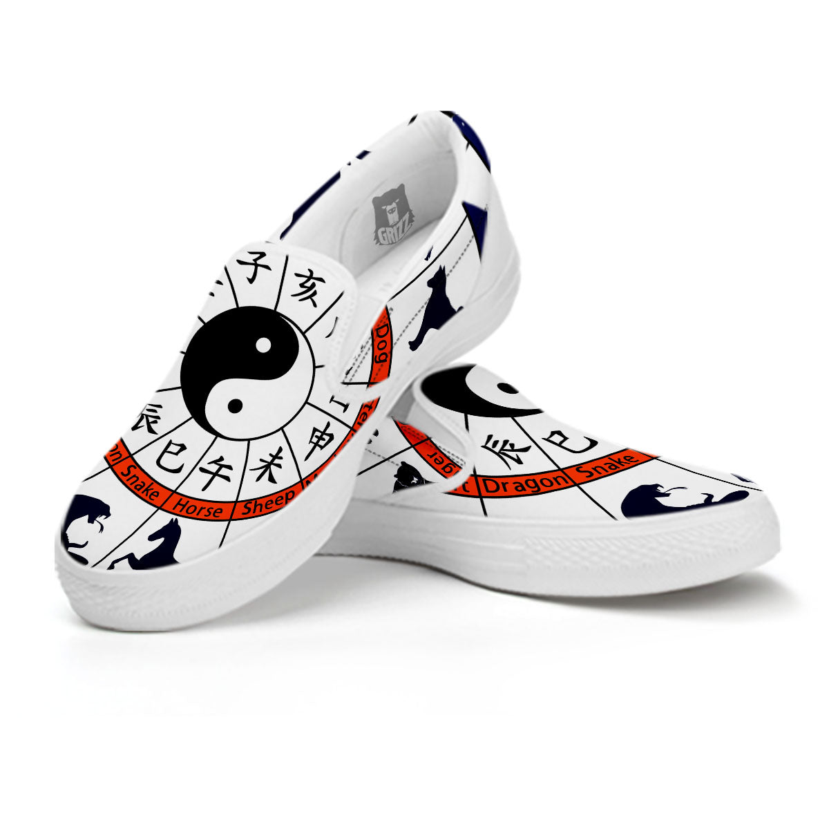 Chinese Zodiac Signs Yin Yang Print White Slip On Shoes-grizzshop