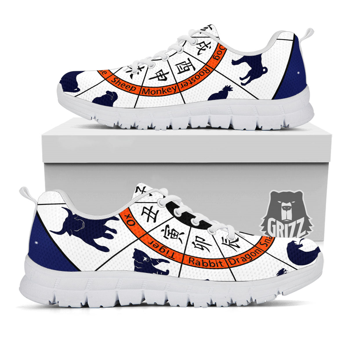 Chinese Zodiac Signs Yin Yang Print White Sneaker-grizzshop