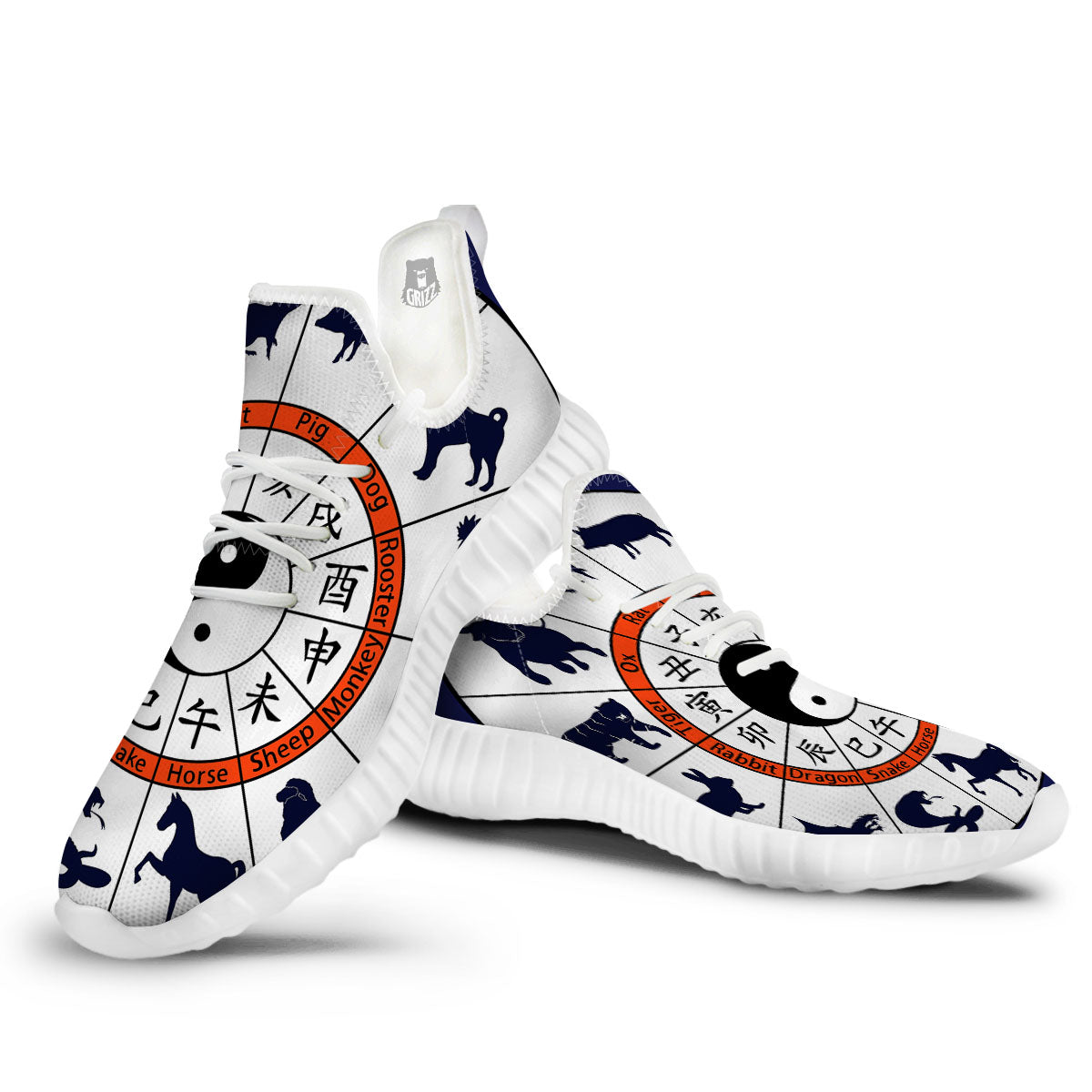 Chinese Zodiac Signs Yin Yang Print White Walking Shoes-grizzshop