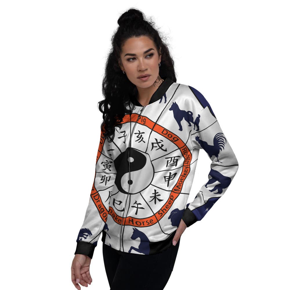 Chinese Zodiac Signs Yin Yang Print Women's Bomber Jacket-grizzshop