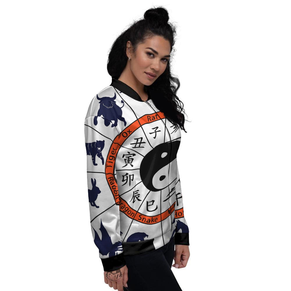 Chinese Zodiac Signs Yin Yang Print Women's Bomber Jacket-grizzshop