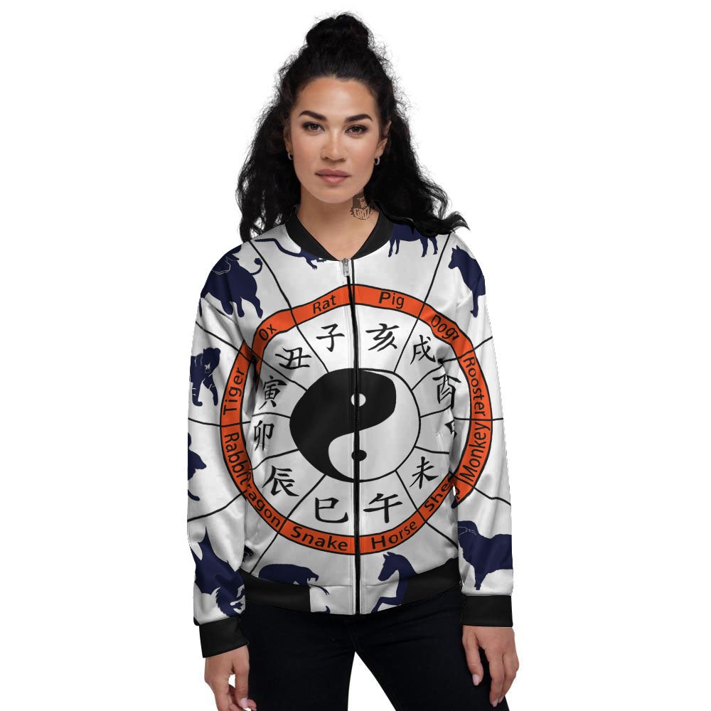 Chinese Zodiac Signs Yin Yang Print Women's Bomber Jacket-grizzshop