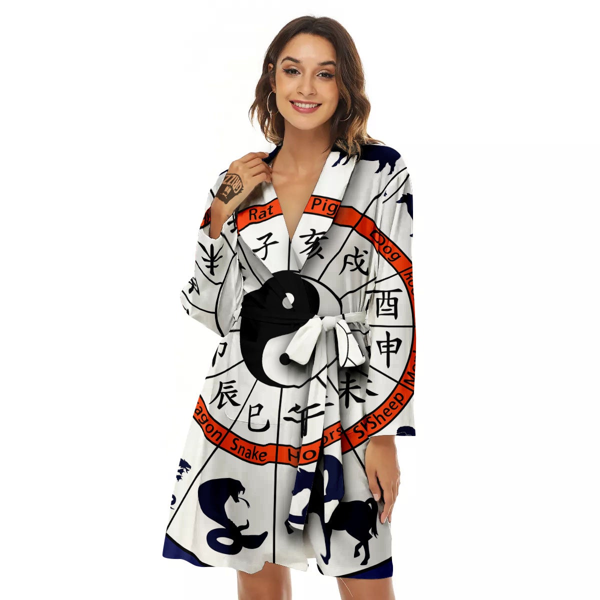 Chinese Zodiac Signs Yin Yang Print Women's Robe-grizzshop