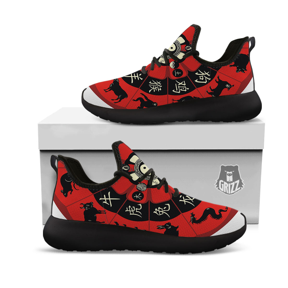 Chinese Zodiac Wheel Yin Yang Print Black Athletic Shoes-grizzshop