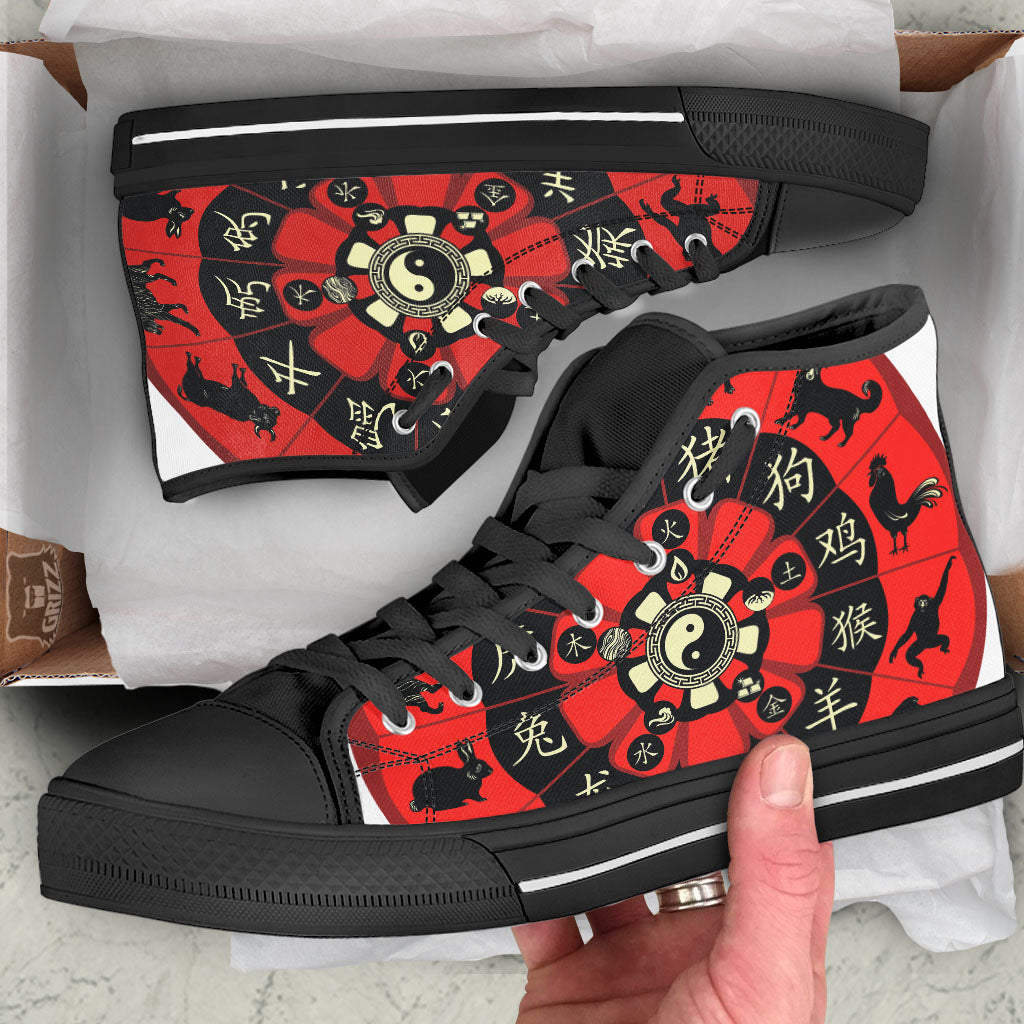 Chinese Zodiac Wheel Yin Yang Print Black High Top Shoes-grizzshop
