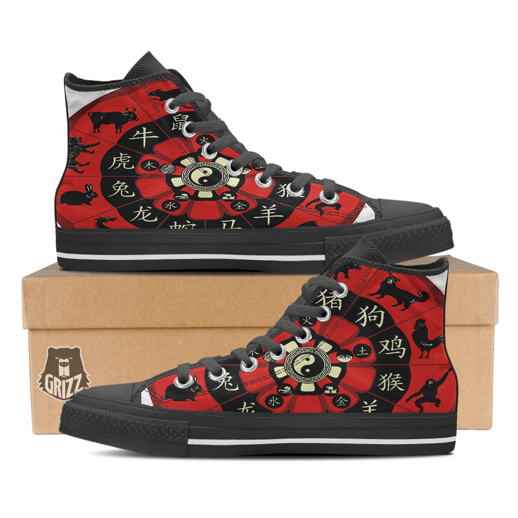 Chinese Zodiac Wheel Yin Yang Print Black High Top Shoes-grizzshop