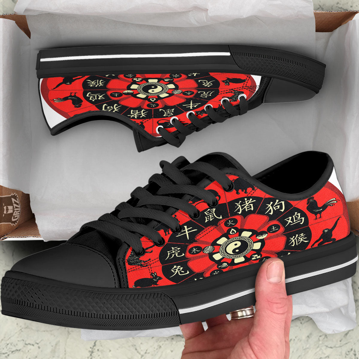 Chinese Zodiac Wheel Yin Yang Print Black Low Top Shoes-grizzshop