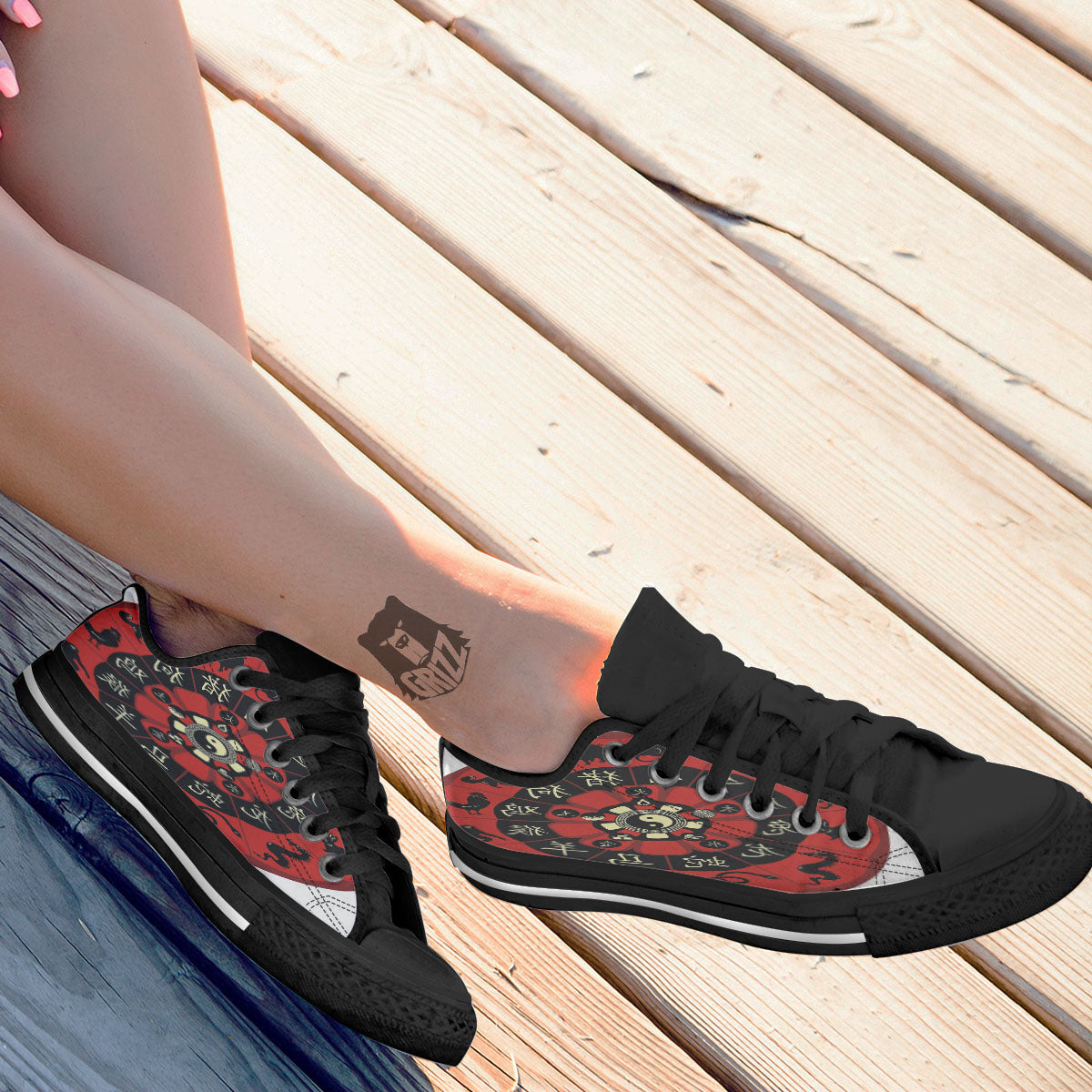 Chinese Zodiac Wheel Yin Yang Print Black Low Top Shoes-grizzshop