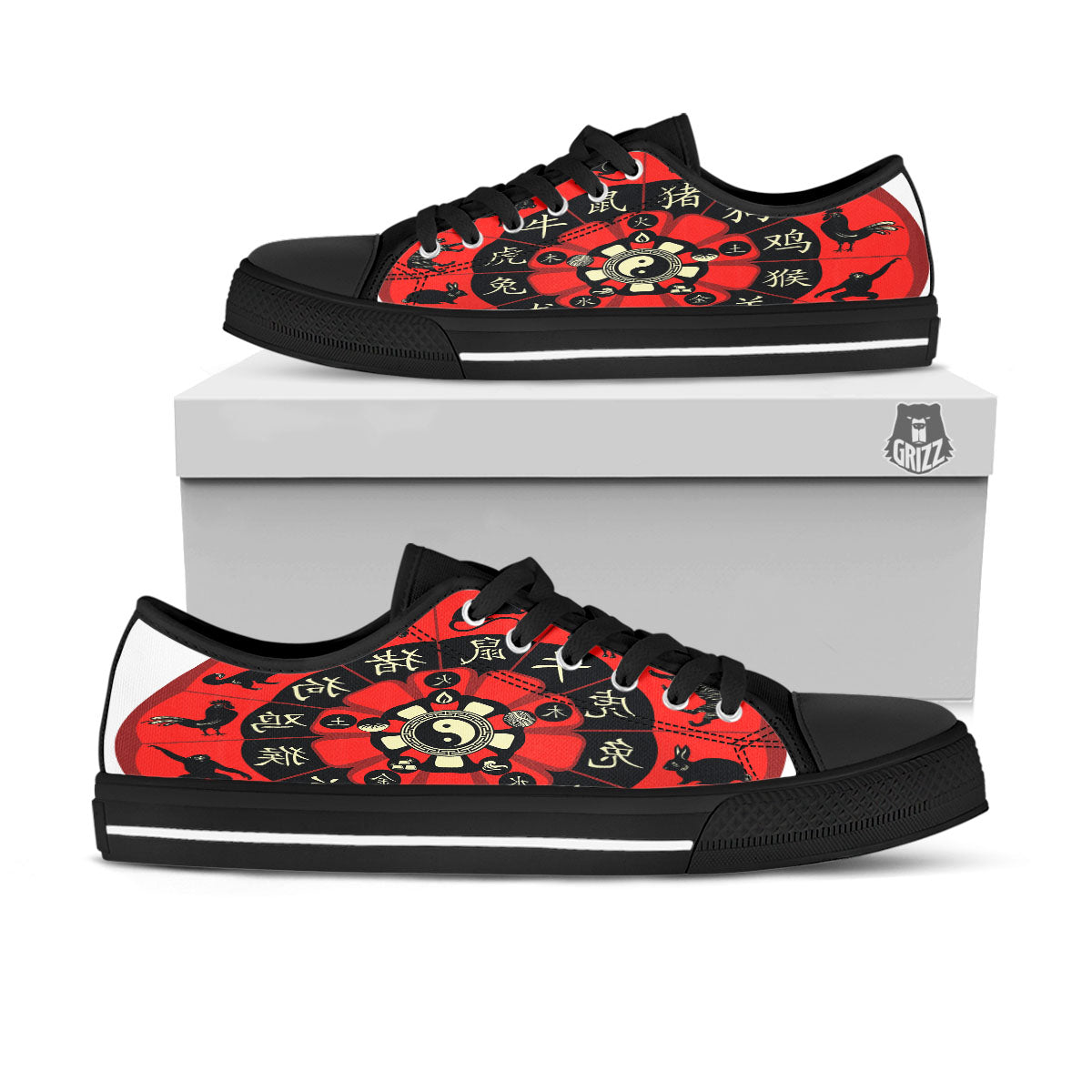 Chinese Zodiac Wheel Yin Yang Print Black Low Top Shoes-grizzshop