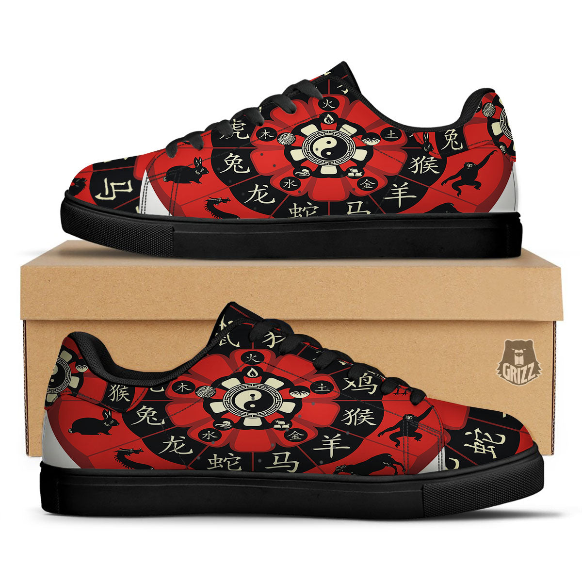 Chinese Zodiac Wheel Yin Yang Print Black Low Top Sneakers-grizzshop