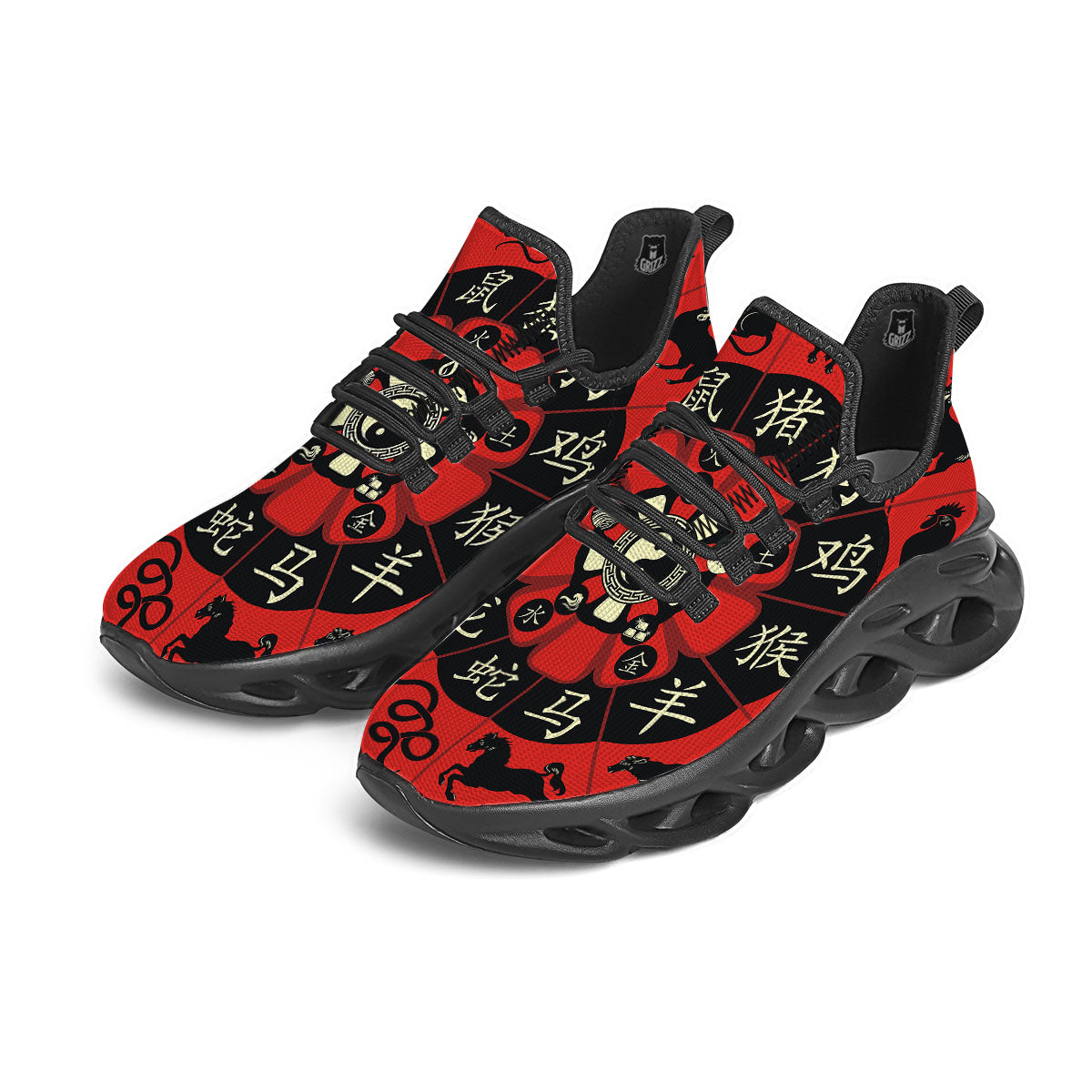 Chinese Zodiac Wheel Yin Yang Print Black Running Shoes-grizzshop