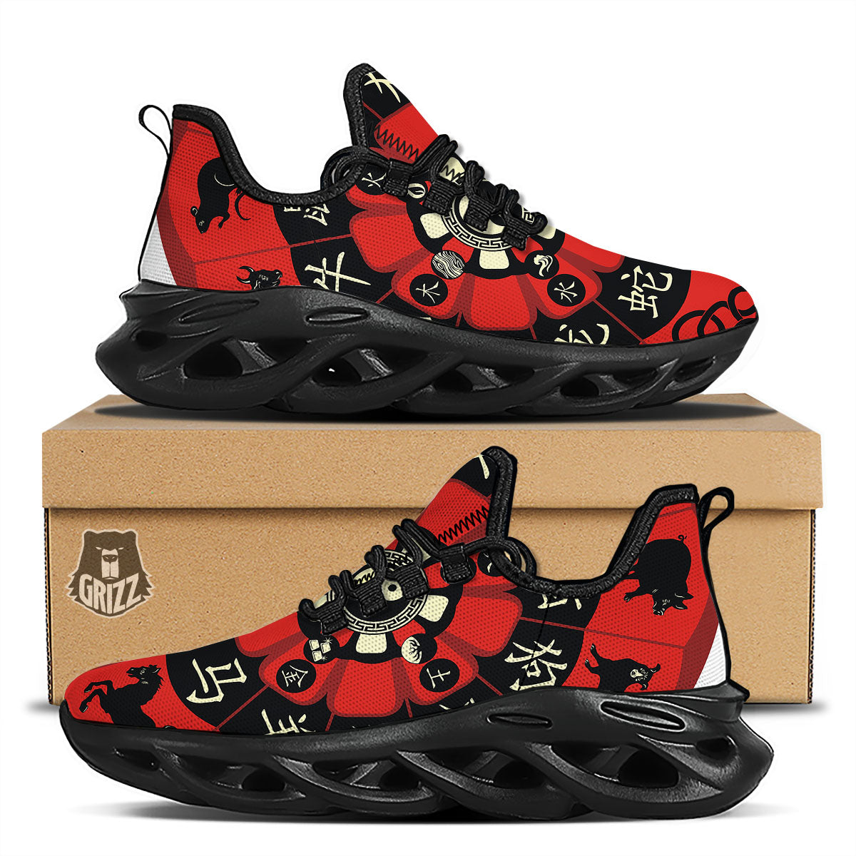 Chinese Zodiac Wheel Yin Yang Print Black Running Shoes-grizzshop