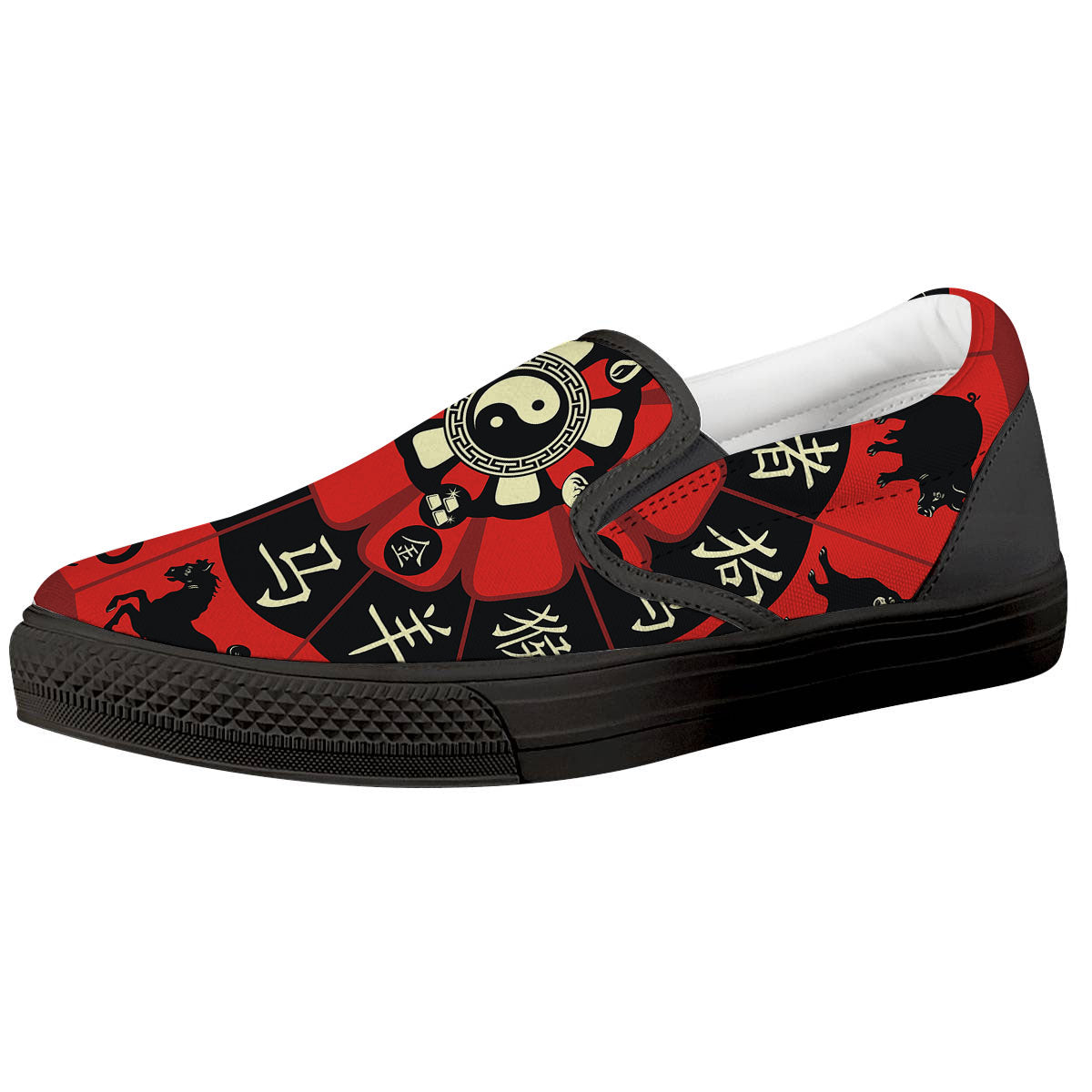 Chinese Zodiac Wheel Yin Yang Print Black Slip On Shoes-grizzshop