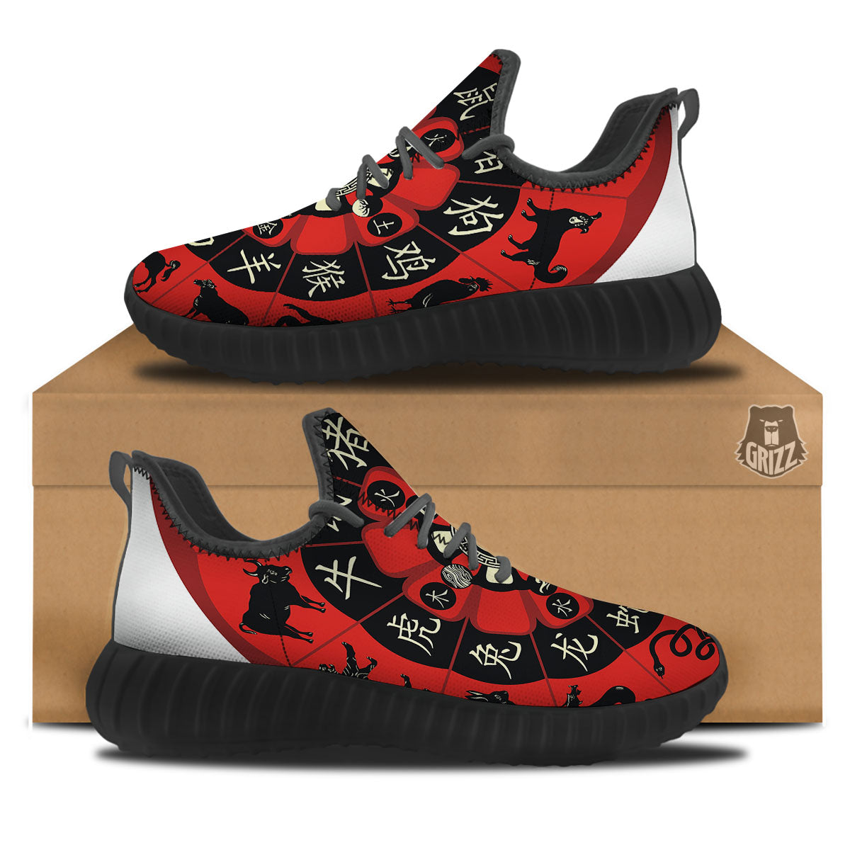 Chinese Zodiac Wheel Yin Yang Print Black Walking Shoes-grizzshop