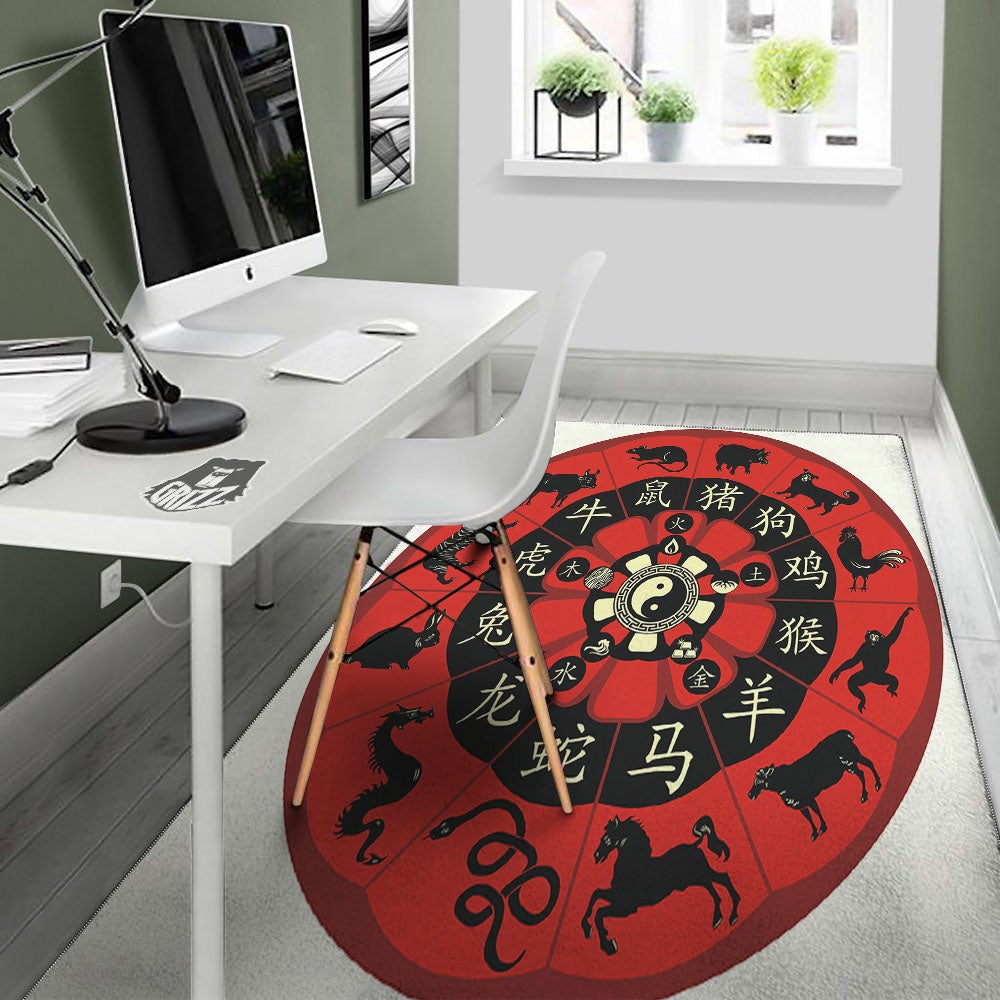 Chinese Zodiac Wheel Yin Yang Print Floor Mat-grizzshop