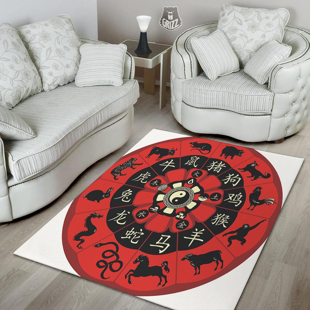 Chinese Zodiac Wheel Yin Yang Print Floor Mat-grizzshop