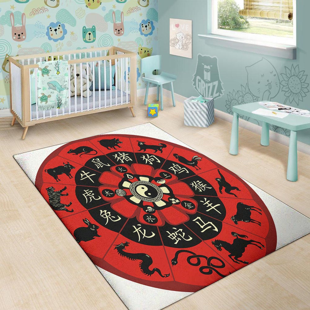 Chinese Zodiac Wheel Yin Yang Print Floor Mat-grizzshop