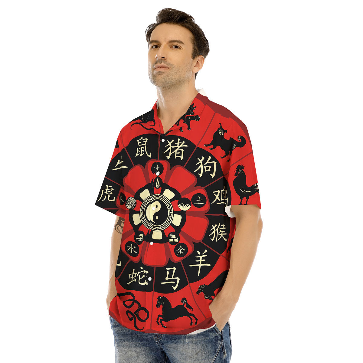 Chinese Zodiac Wheel Yin Yang Print Men's Hawaiian Shirt-grizzshop