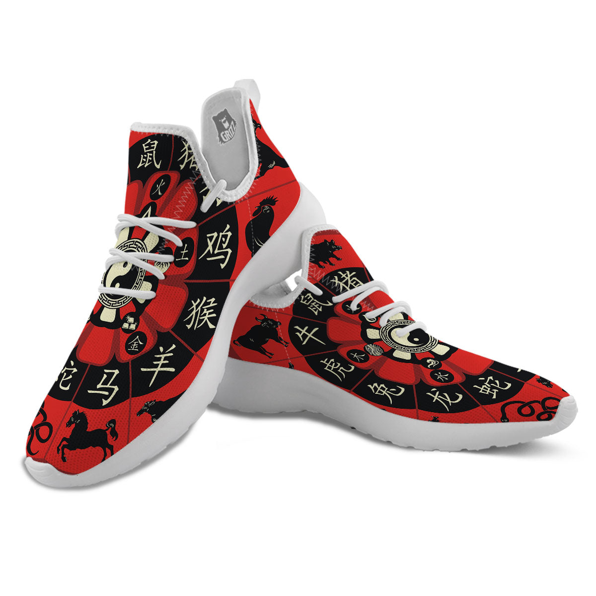 Chinese Zodiac Wheel Yin Yang Print White Athletic Shoes-grizzshop