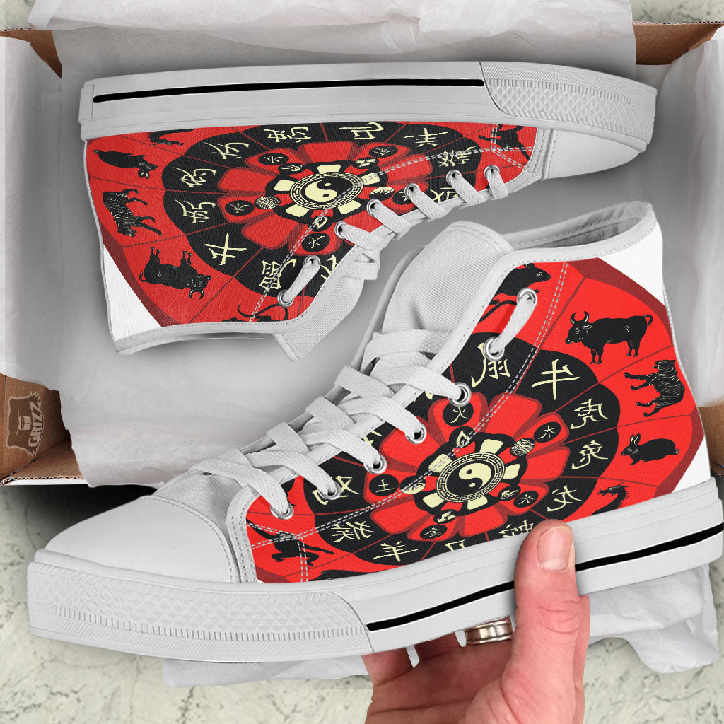 Chinese Zodiac Wheel Yin Yang Print White High Top Shoes-grizzshop
