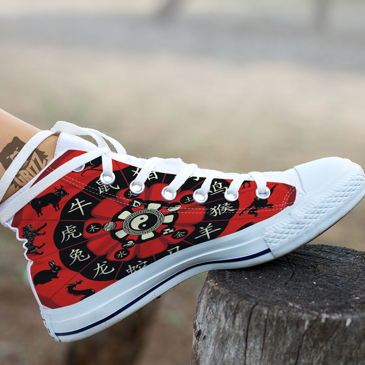 Chinese Zodiac Wheel Yin Yang Print White High Top Shoes-grizzshop