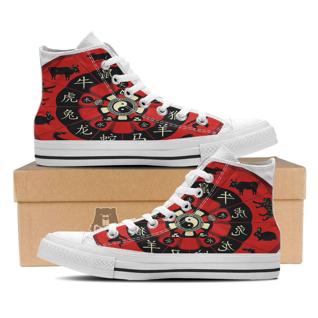 Chinese Zodiac Wheel Yin Yang Print White High Top Shoes-grizzshop