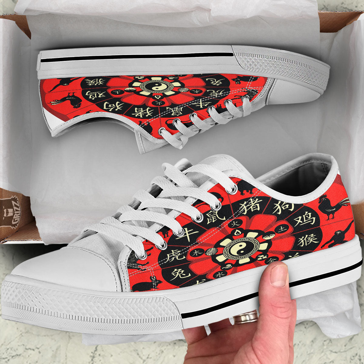 Chinese Zodiac Wheel Yin Yang Print White Low Top Shoes-grizzshop