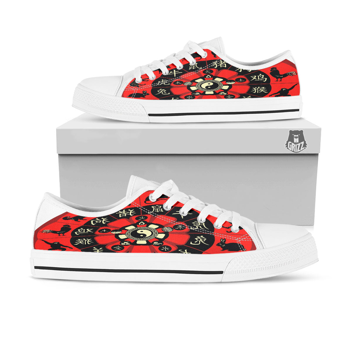 Chinese Zodiac Wheel Yin Yang Print White Low Top Shoes-grizzshop