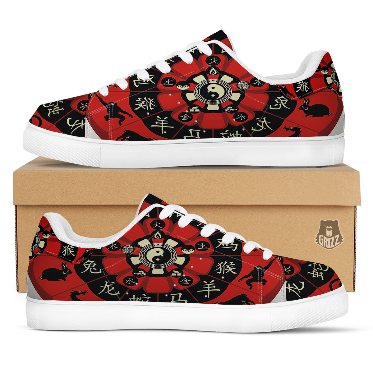 Chinese Zodiac Wheel Yin Yang Print White Low Top Sneakers-grizzshop