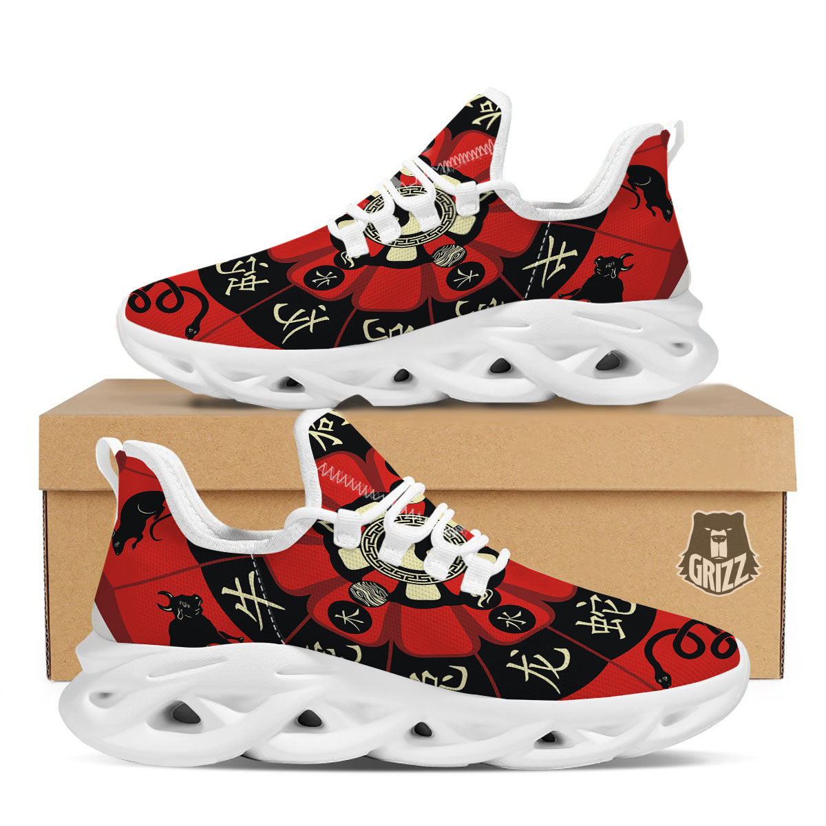 Chinese Zodiac Wheel Yin Yang Print White Running Shoes-grizzshop