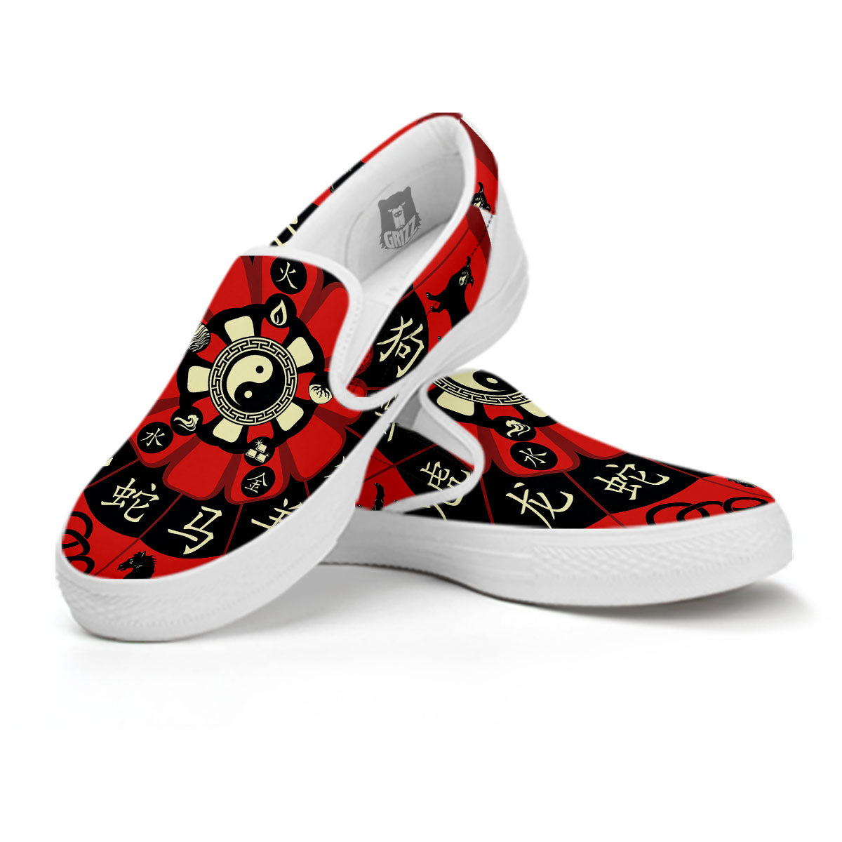 Chinese Zodiac Wheel Yin Yang Print White Slip On Shoes-grizzshop