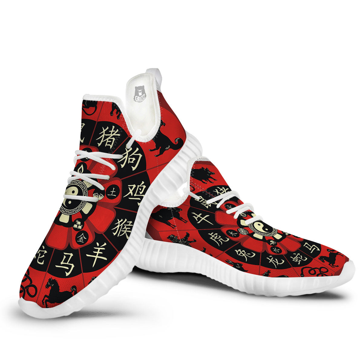 Chinese Zodiac Wheel Yin Yang Print White Walking Shoes-grizzshop