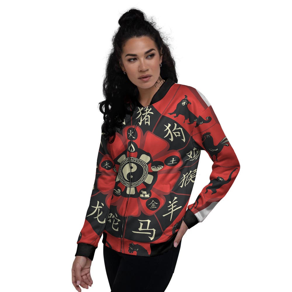 Chinese Zodiac Wheel Yin Yang Print Women's Bomber Jacket-grizzshop