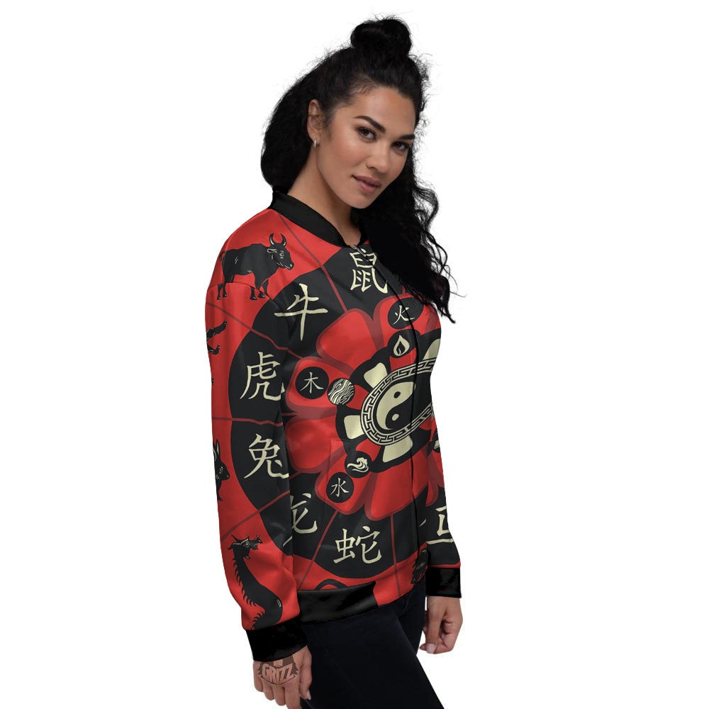 Chinese Zodiac Wheel Yin Yang Print Women's Bomber Jacket-grizzshop