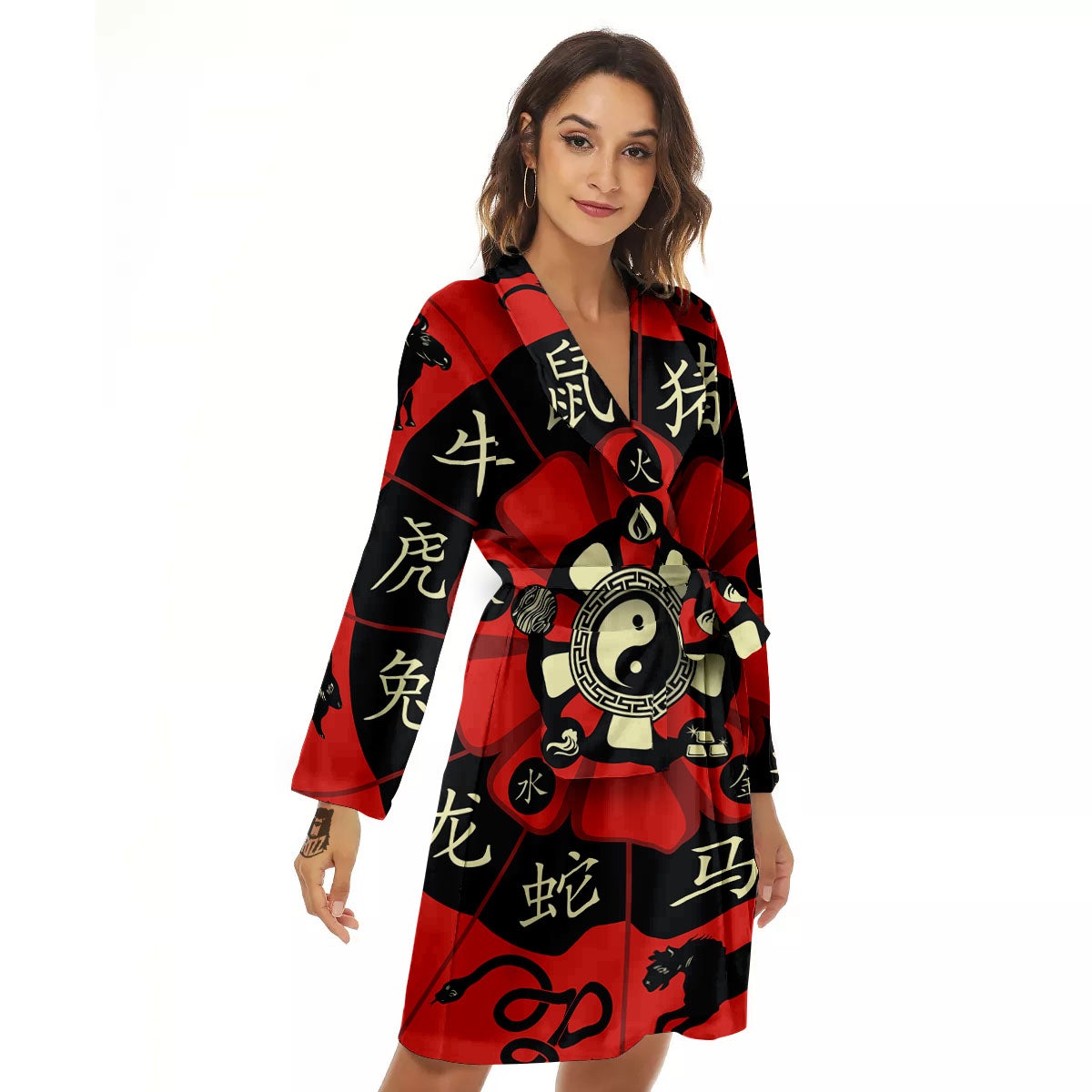 Chinese Zodiac Wheel Yin Yang Print Women's Robe-grizzshop