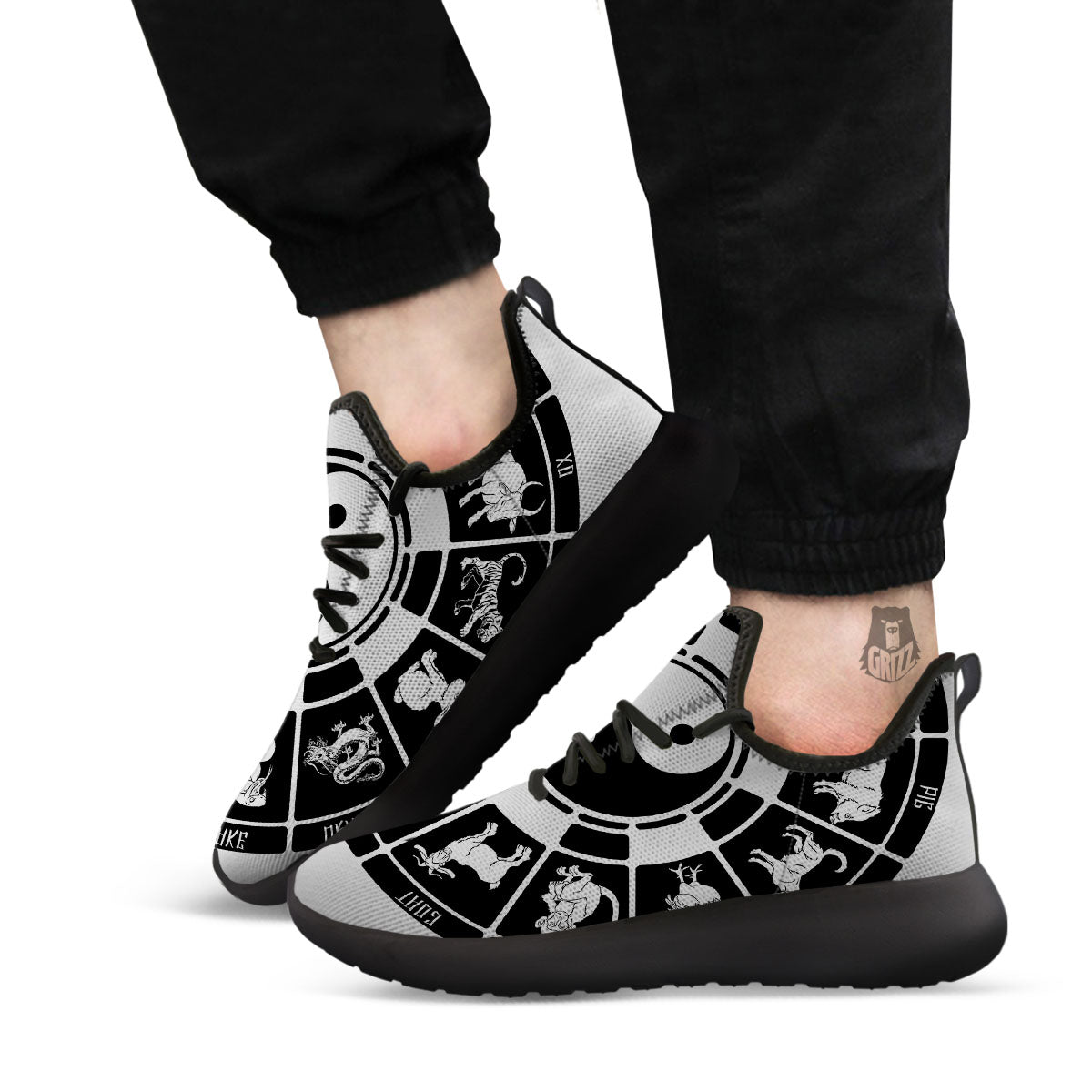 Chinese Zodiac White And Black Print Black Athletic Shoes-grizzshop