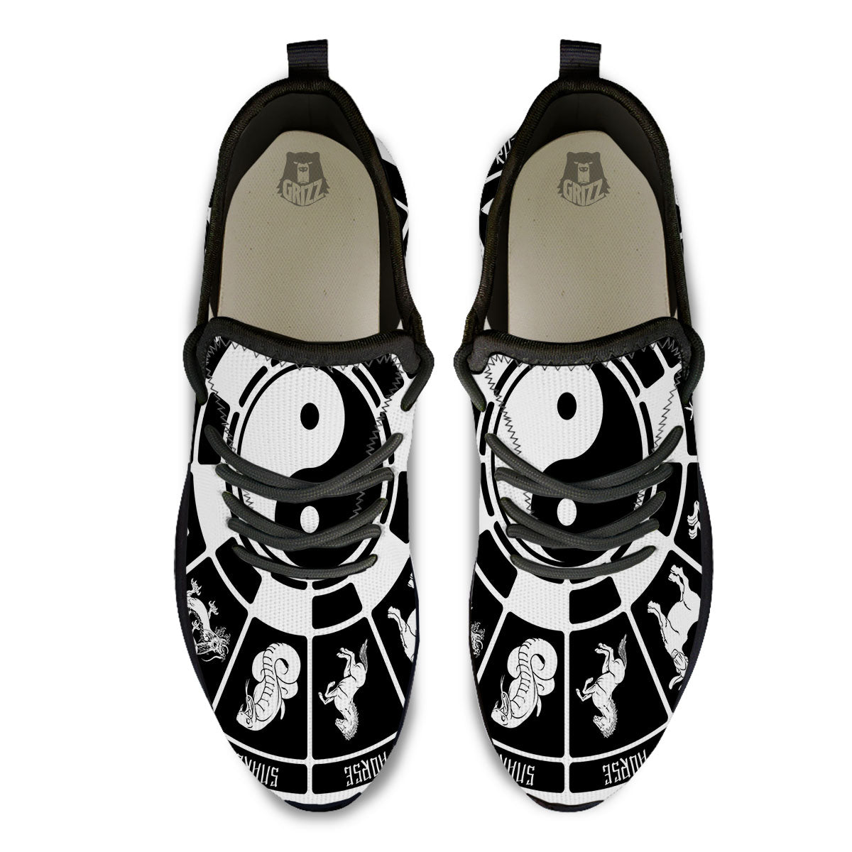 Chinese Zodiac White And Black Print Black Athletic Shoes-grizzshop