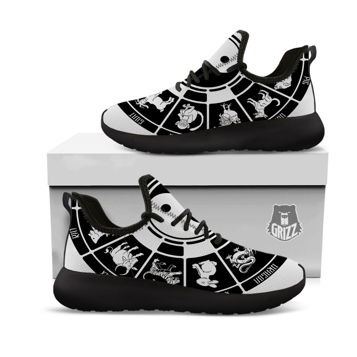 Chinese Zodiac White And Black Print Black Athletic Shoes-grizzshop