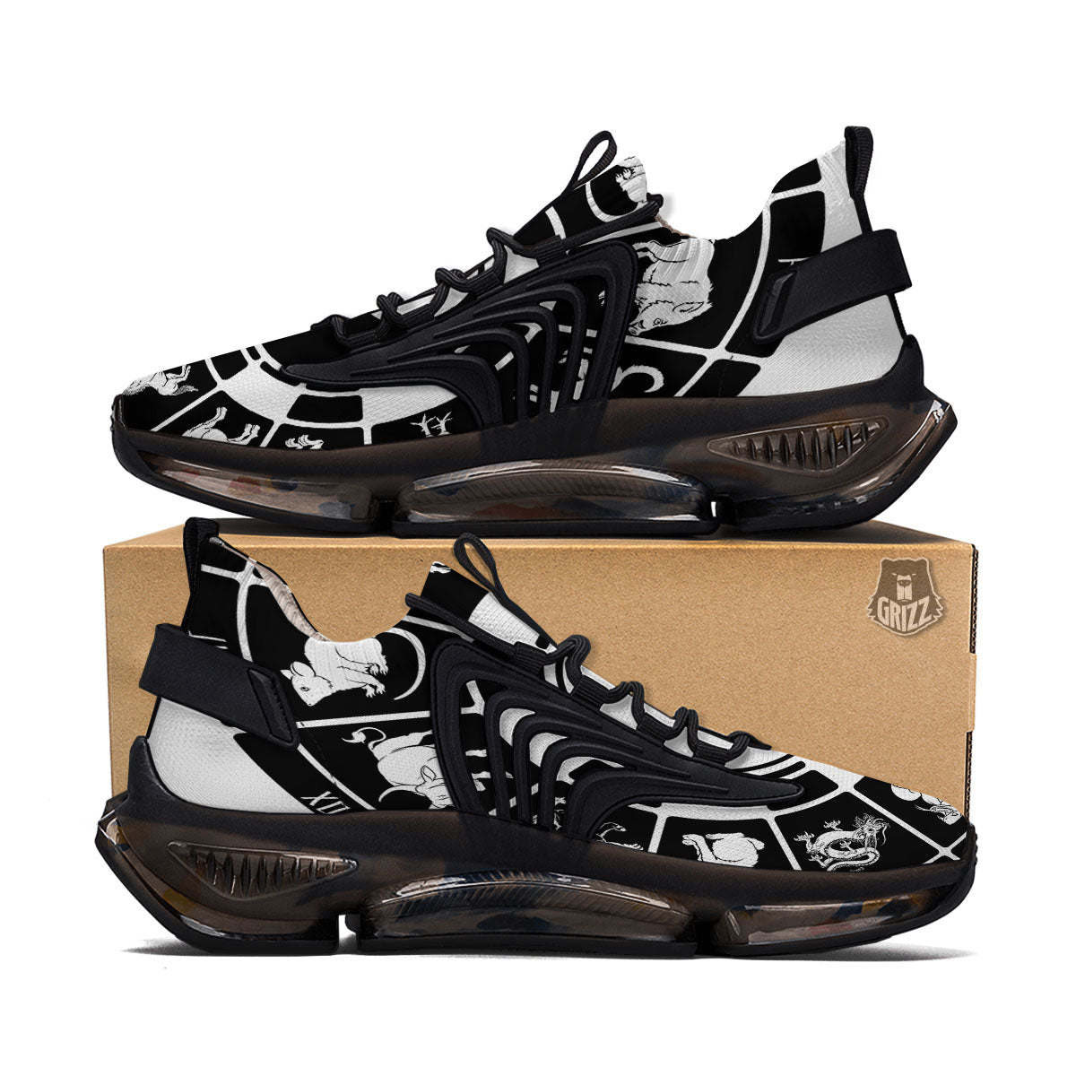 Chinese Zodiac White And Black Print Black Gym Shoes-grizzshop