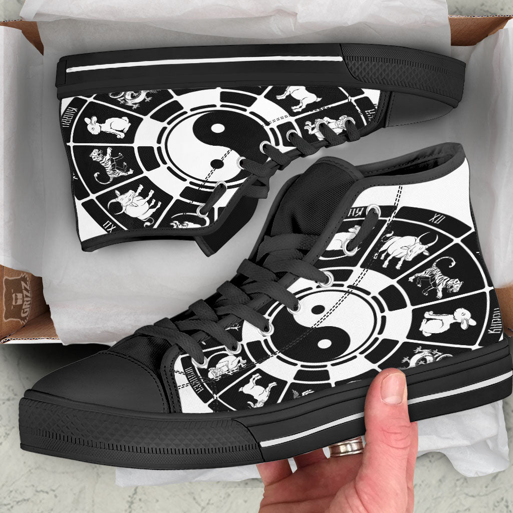 Chinese Zodiac White And Black Print Black High Top Shoes-grizzshop