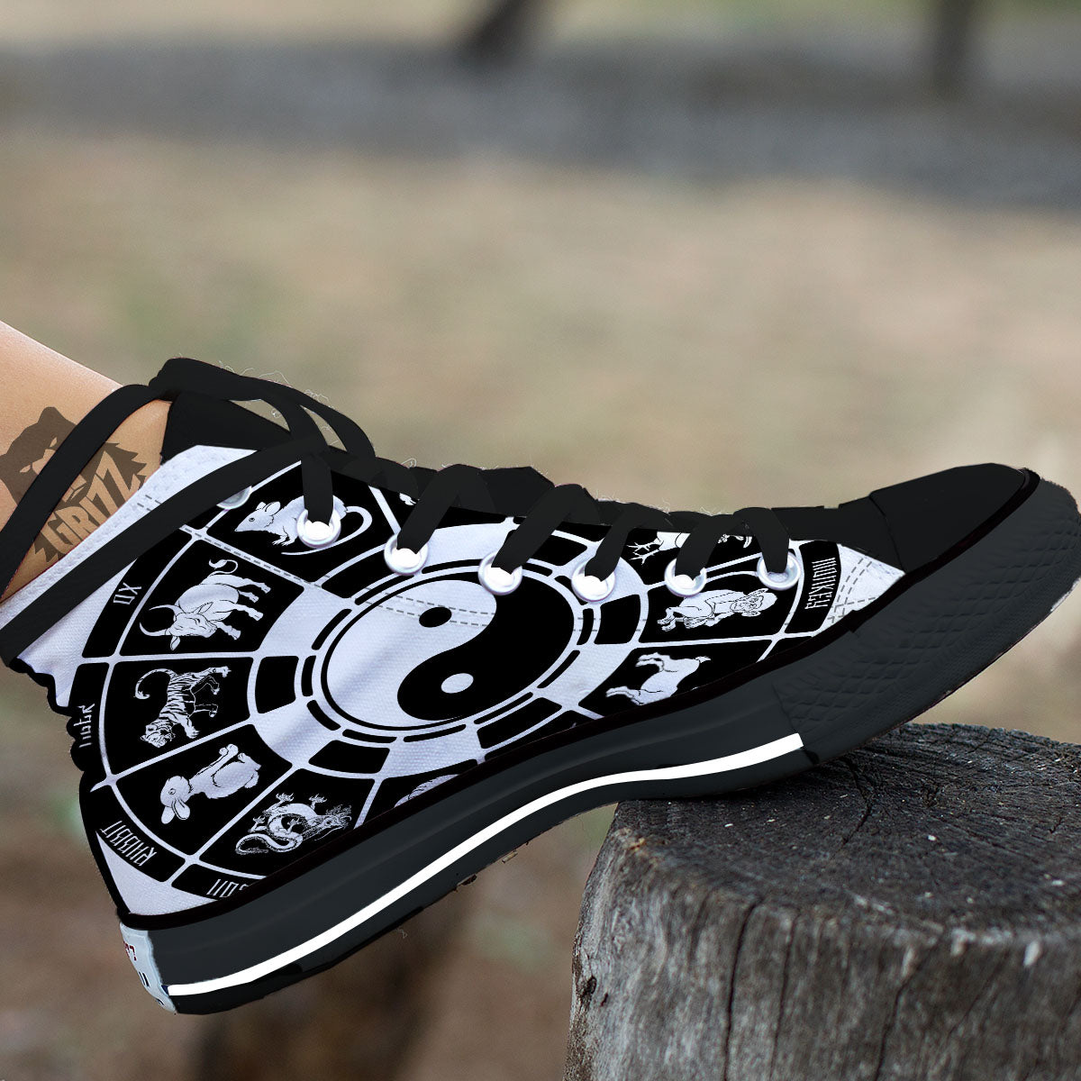 Chinese Zodiac White And Black Print Black High Top Shoes-grizzshop