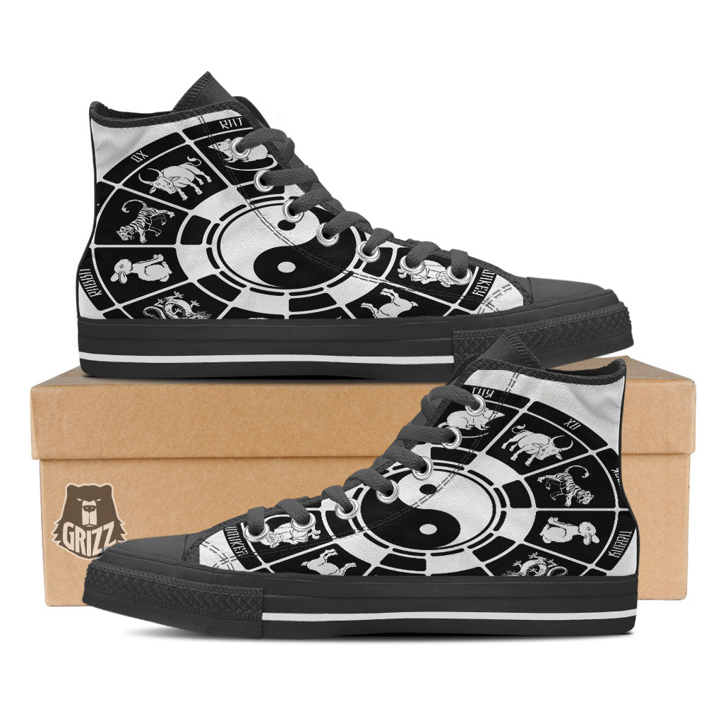 Chinese Zodiac White And Black Print Black High Top Shoes-grizzshop