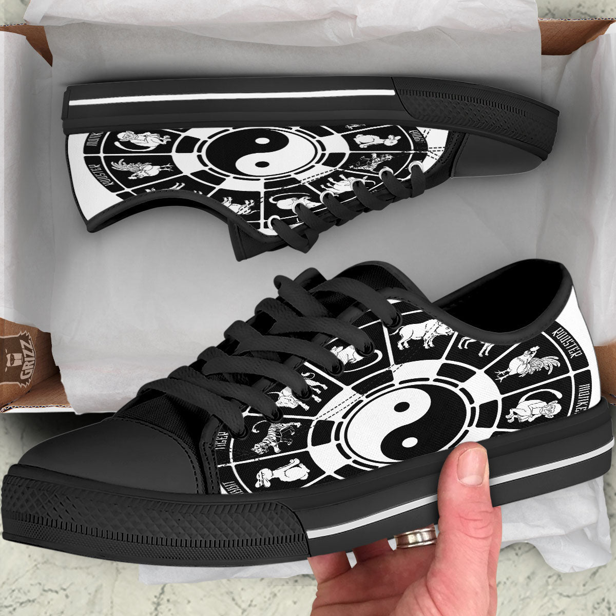 Chinese Zodiac White And Black Print Black Low Top Shoes-grizzshop