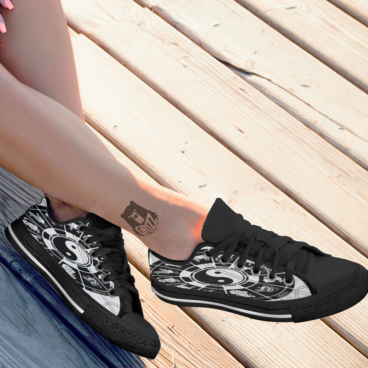 Chinese Zodiac White And Black Print Black Low Top Shoes-grizzshop